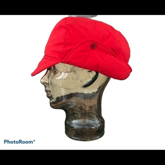 Eddie Bauer Red Trapper Hat Ear Flaps OS Quilted Warm N Cozy - Picture 1 of 7